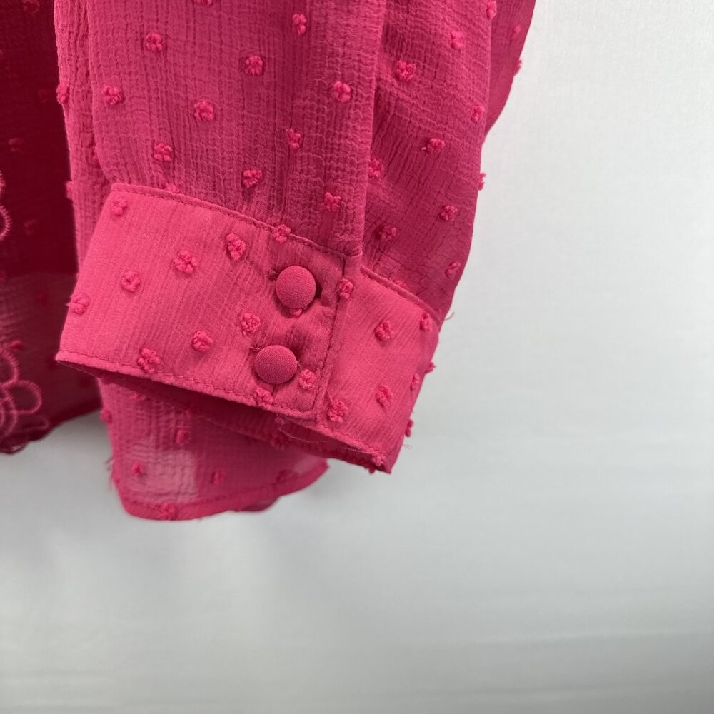 Torrid Women's Swiss Dot Top 2X Solid Pink Semi Sheer Long Sleeve Button Up Tie - Picture 6 of 10